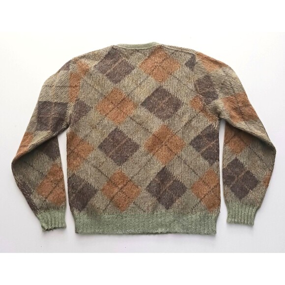 VTG Rob Scot Mohair Blend V Neck Sweater Olive Green/Brown Argyle Mens S - Picture 4 of 5